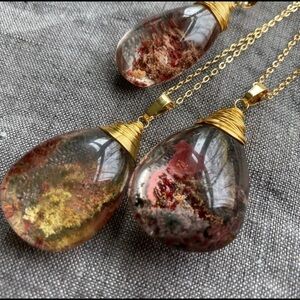 Phantom Quartz Moss Agate Teardrop Pendant